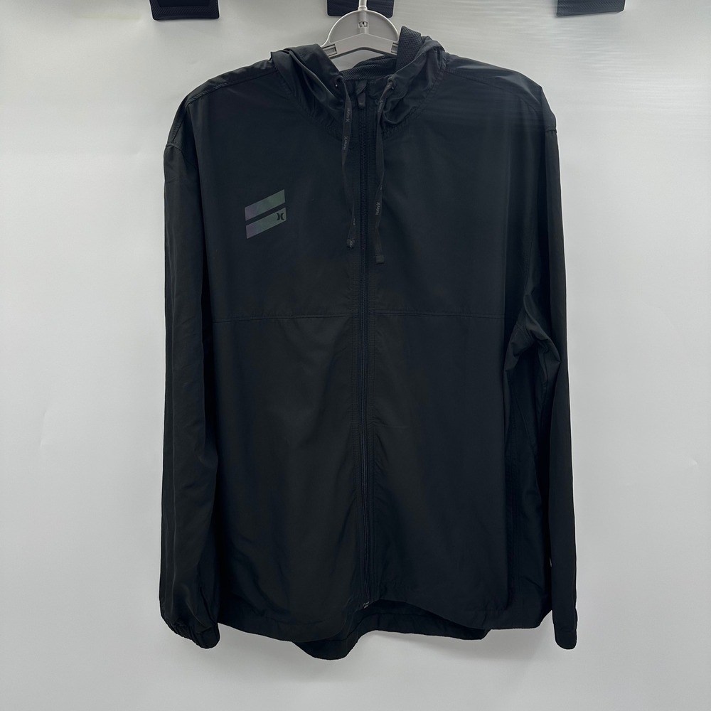 Hurley Mens Black Full Zip Hooded Windbreaker Jacket Large Mesh Lined Activewear